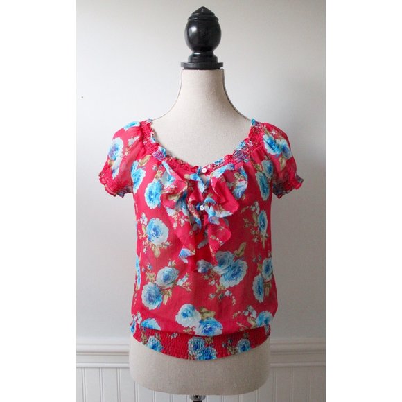 Abercrombie & Fitch Red Blue Floral Ruffle Shirt - Picture 1 of 6